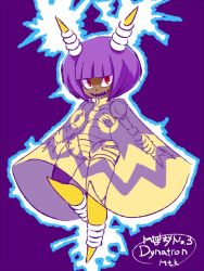 Rule 34 | 1girl, android, bob cut, cape, character name, dark-skinned female, dark skin, doll joints, dynatron (mighty no. 9), electricity, full body, horns, joints, looking at viewer, mighty no. 9, mtk hoshi, purple background, purple hair, red eyes, see-through, see-through cape, sharp teeth, short hair, smile, solo, teeth, yellow horns