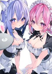 Rule 34 | 2girls, animal ear fluff, animal ears, apron, bad id, bad twitter id, black dress, blue hair, blush, braid, breasts, cat ears, cleavage, closed mouth, cup, dress, drinking glass, hair between eyes, highres, holding, holding tray, hololive, large breasts, long hair, looking away, maid headdress, masi masio, minato aqua, multicolored hair, multiple girls, nekomata okayu, parted lips, pink eyes, pink hair, purple eyes, purple hair, short sleeves, sideways glance, sitting, streaked hair, tearing up, tray, virtual youtuber, white apron
