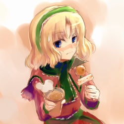 Rule 34 | 1girl, alice margatroid, alternate color, female focus, food, gradient background, nokishita, oden, player 2, solo, sweatdrop, touhou