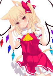 Rule 34 | 1girl, :o, animal ear fluff, animal ears, ascot, blonde hair, blush, bow, breasts, cat ears, cat tail, cowboy shot, crystal, dutch angle, flandre scarlet, frilled shirt collar, frills, hair between eyes, hair bow, hands up, head tilt, highres, kemonomimi mode, long hair, medium breasts, no headwear, one side up, open mouth, paw pose, petticoat, pink eyes, puffy short sleeves, puffy sleeves, red bow, red skirt, red vest, short sleeves, simple background, skirt, solo, tail, tosakaoil, touhou, vest, white background, wings, yellow ascot