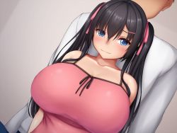 Rule 34 | 1girl, bare shoulders, black hair, blue eyes, blush, breasts, cleavage, closed mouth, faceless, faceless male, from below, hair between eyes, height difference, highres, huge breasts, looking at viewer, nose blush, original, pink tank top, simple background, sitting, smile, solo focus, tank top, tapisuke, twintails, upper body