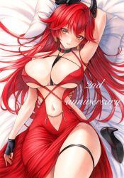 1girl black_choker breasts choker clothing_cutout dress goddess_of_victory:_nikke highres horns large_breasts looking_at_viewer lying mechanical_horns navel navel_cutout official_alternate_costume on_back red_dress red_hood_(nikke) red_hood_(nonsense_red)_(nikke) solo stomach_cutout yellow_eyes yosaku_vs_hina