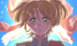 Rule 34 | 1girl, blonde hair, blurry, blurry background, commentary, daiba nana, green eyes, hair ribbon, highres, jacket, light rays, looking at viewer, ribbon, short hair, short twintails, shoujo kageki revue starlight, shoulder pads, symbol-only commentary, tearing up, twintails, unworn jacket, xin (blueramen)