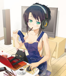 Rule 34 | 1girl, black cat, black hair, blush, breasts, cat, cellphone, chair, cleavage, coffee, computer, food, glasses, green eyes, headphones, jitome, keyboard (computer), kikuno mira, laptop, medium breasts, mouse (computer), mouth hold, naked overalls, no bra, original, overalls, phone, pocky, porurin (do-desho), shiori series, sideboob, sidelocks, sitting, solo, speaker, strap lift, strap pull, television
