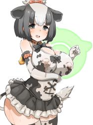 Rule 34 | 10s, 1girl, :d, animal ears, animal print, arched back, bare shoulders, bell, black bow, black bowtie, black eyes, black hair, black skirt, blouse, blush, bob cut, bow, bowtie, breasts, cleavage, commentary request, contrapposto, covered erect nipples, cow ears, cow girl, cow print, cow tail, cowbell, cowboy shot, cross-laced clothes, detached collar, dot nose, dripping, elbow gloves, frilled skirt, frills, from side, furau, gloves, hair bow, half-closed eyes, highres, holstein friesian cattle (kemono friends), impossible clothes, impossible shirt, japari symbol, kemono friends, lactation, lactation through clothes, large breasts, legs together, looking at viewer, looking to the side, microskirt, multicolored hair, open mouth, parted bangs, print gloves, print shirt, print thighhighs, raised eyebrows, red bow, round teeth, see-through, shirt, short hair, simple background, skindentation, skirt, sleeveless, sleeveless shirt, smile, solo, standing, tail, teeth, thighhighs, topknot, two-tone hair, wet, wet clothes, white background, white hair, wing collar