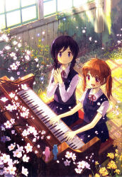 Rule 34 | 2girls, ahoge, bird, braid, breasts, brown hair, cherry blossoms, curtains, floor, flower, from above, grass, highres, indoors, instrument, itou hachi, long hair, long sleeves, looking at another, medium breasts, moss, multiple girls, music, non-web source, original, overgrown, petals, piano, playing instrument, playing piano, pleated skirt, purple eyes, purple hair, red eyes, scan, school uniform, short sleeves, sitting, skirt, smile, twin braids, twintails, window, window shadow, wooden floor, yellow flower