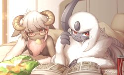 Rule 34 | 2girls, absol, absurdres, adjusting eyewear, animal ears, artist name, bed, book, breasts, can, chips (food), claws, coca cola, creatures (company), crumbs, dated, drink, eating, female focus, food, furry, furry female, game freak, gen 3 pokemon, glasses, goat ears, half-closed eyes, hand up, head rest, highres, horns, indoors, long hair, looking at viewer, looking down, lying, medium breasts, mouth hold, multiple girls, nintendo, nude, on bed, on stomach, open book, open mouth, original, pillow, pokemon, pokemon (creature), pokemon rse, reading, red-framed eyewear, red eyes, short hair, signature, single horn, text focus, under covers, white hair, zinfyu