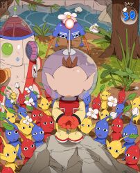 Rule 34 | 1boy, arms behind back, bendedede, blue pikmin, branch, brown hair, bud, commentary, day, dirt, english commentary, facing away, flower, from behind, gloves, grass, helmet, highres, jumpsuit, leaf, looking at another, nintendo, olimar, onion (pikmin), open mouth, outdoors, pikmin (creature), pikmin (series), plant, pointy ears, pointy nose, radio antenna, red gloves, red pikmin, rock, rocket ship, short hair, space helmet, spacecraft, spacesuit, standing, through ground, tree, water, white flower, yellow jumpsuit, yellow pikmin