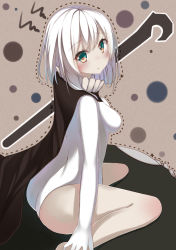 Rule 34 | 10s, 1girl, :o, abyssal ship, aqua eyes, ass, barefoot, blush, bodysuit, breasts, cape, character cutout, from side, gloves, unworn headwear, highres, kantai collection, leotard, looking at viewer, looking back, netarou, open mouth, pale skin, personification, short hair, sitting, small breasts, solo, wariza, white hair, wo-class aircraft carrier