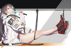 Rule 34 | 1girl, air jordan, barcode, bare legs, between legs, black hair, breasts, brown eyes, cancer (zjcconan), clothes writing, commentary request, eating, food, from side, girls&#039; frontline, hair between eyes, hand between legs, hand up, highres, holding, hoodie writing, jacket, legs, long hair, looking at viewer, medium breasts, nike (company), no bra, open clothes, open jacket, original, panties, ponytail, popsicle, railing, shoes, sitting, sneakers, solo, thighs, type 56-1 (girls&#039; frontline), underwear, velcro, white jacket, white panties
