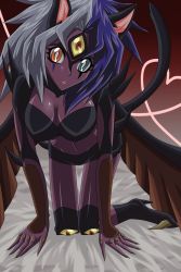 Rule 34 | 1girl, animal ears, bad anatomy, bat wings, boots, breasts, cat ears, cat girl, cat tail, duel monster, female focus, gradient background, high heel boots, high heels, highres, multicolored hair, solo, tail, wings, yu-gi-oh!, yu-gi-oh! gx, yubel