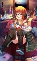 Rule 34 | 10s, 1girl, absurdres, alcohol, arms at sides, bar (place), bare shoulders, black-framed eyewear, black thighhighs, blunt bangs, boots, bottle, c.mi, cocktail glass, convenient leg, couch, cross-laced footwear, cup, dated, dice, drinking glass, frown, fur-trimmed jacket, fur trim, glasses, green jacket, headphones, highres, jacket, knee boots, lace-up boots, layered clothes, legs up, long hair, looking at viewer, off shoulder, open clothes, open jacket, orange eyes, orange hair, painting (object), parted lips, persona, persona 5, pillow, print shirt, sakura futaba, shirt, shoe soles, shorts, sitting, solo, strap slip, tank top, thighhighs