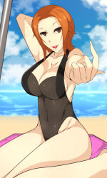 Rule 34 | 1girl, beach, black one-piece swimsuit, blue sky, breasts, brown eyes, byakkun8181, cleavage, curvy, day, fingernails, highleg, highleg swimsuit, highres, jewelry, kashiwagi noriko, large breasts, lips, lipstick, looking at viewer, makeup, necklace, one-piece swimsuit, orange hair, persona, persona 4, red lips, see-through, see-through one-piece swimsuit, short hair, simple background, sky, swimsuit, text focus, translation request, underwear, wide hips
