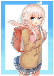 Rule 34 | 1girl, absurdres, ahoge, backpack, bag, blue eyes, blush, highres, jacket, long hair, looking at viewer, mittens, open mouth, original, pointy ears, randoseru, ruma imaginary, scarf, simple background, skirt, solo, twintails, white hair