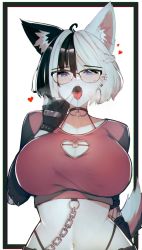 Rule 34 | 1girl, ahoge, animal ear fluff, animal ears, black choker, black gloves, black hair, blue eyes, blush, breasts, chain, choker, clothing cutout, crop top, ear piercing, extra ears, finger in own mouth, fingerless gloves, glasses, gloves, hair behind ear, hair between eyes, heart, heart cutout, highres, hoop, large breasts, long sleeves, looking at viewer, melisa (varniskarnis), midriff, multicolored hair, open mouth, original, piercing, saliva, short hair, simple background, solo, tail, tongue, tongue out, tongue piercing, two-tone hair, varniskarnis, white hair