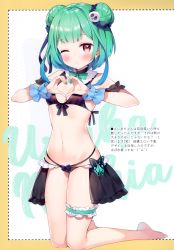 Rule 34 | 1girl, absurdres, ayamy, barefoot, bikini, bow, double bun, earrings, fingernails, full body, green hair, hair bun, hair ornament, heart, heart hands, highres, hololive, jewelry, looking at viewer, nail polish, navel, one eye closed, red eyes, scan, shiny skin, simple background, skull earrings, skull hair ornament, solo, stomach, swimsuit, thigh strap, uruha rushia, virtual youtuber, wrist cuffs