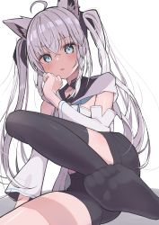 Rule 34 | 1girl, ahoge, alternate hairstyle, animal ear fluff, animal ears, black shorts, black thighhighs, blue eyes, blush, braid, breasts, commentary request, crossed bangs, detached sleeves, ear piercing, earrings, feet, foot up, foreshortening, fox ears, fox girl, grey hair, hand up, highres, hiyoko no ko, hololive, jewelry, leaning to the side, legs, long hair, no shoes, open mouth, piercing, shadow, shiny clothes, shiny skin, shirakami fubuki, shirakami fubuki (1st costume), short shorts, shorts, side braid, simple background, single earring, single thighhigh, sitting, small breasts, soles, solo, thighhighs, thighs, toes, twintails, virtual youtuber, white background, white sleeves