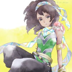 Rule 34 | 1girl, 1other, animal, animal on shoulder, armlet, artist name, black pants, breasts, brown eyes, brown hair, closed mouth, creature, curly hair, dark-skinned female, dark skin, eiyuden chronicle: hundred heroes, fingerless gloves, gloves, green shirt, highres, jewelry, long hair, looking at viewer, marisa (eiyuden chronicle: hundred heroes), odolupus, pants, pooby (eiyuden chronicle: hundred heroes), scarf, shirt, simple background, sleeveless, small breasts, solo, twitter username, weapon