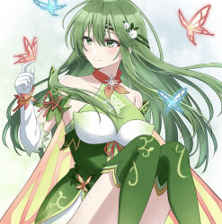 Rule 34 | 1girl, absurdres, bare shoulders, boots, breasts, bug, butterfly, butterfly on hand, closed mouth, dress, elbow gloves, fire emblem, fire emblem: mystery of the emblem, fire emblem heroes, gloves, green dress, green eyes, green footwear, green hair, hair between eyes, headband, highres, insect, long hair, medium breasts, nintendo, official alternate costume, palla (fire emblem), palla (resplendent) (fire emblem), shinae, smile, thigh boots, white gloves