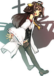 Rule 34 | 10s, 1girl, bare shoulders, boots, brown hair, detached sleeves, double bun, hair ornament, hairband, headgear, hota, japanese clothes, kantai collection, kongou (kancolle), long hair, looking at viewer, miko, nontraditional miko, open mouth, personification, pleated skirt, ribbon-trimmed sleeves, ribbon trim, skirt, solo, thigh boots, thighhighs, zettai ryouiki