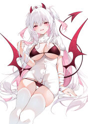 Rule 34 | 1girl, absurdres, arm support, arrow through heart, bandaged arm, bandages, bikini, blush, bow, bow bikini, breastless clothes, breasts, colored inner hair, commentary, demon girl, demon horns, demon tail, demon wings, dress, english commentary, fang, feet out of frame, fingernails, hair between eyes, hat, highres, holding, holding own hair, horns, invisible chair, large breasts, long fingernails, long hair, looking at viewer, low wings, microdress, mole, mole under eye, multi-strapped bikini bottom, multicolored hair, nail polish, nurse, nurse cap, open mouth, original, paid reward available, pink bikini, pink eyes, pink hair, pink nails, puffy short sleeves, puffy sleeves, red horns, red tail, red wings, short sleeves, simple background, sitting, slit pupils, smile, solo, swimsuit, tail, tail raised, thigh gap, thighhighs, two-tone hair, two side up, underboob, underwear, very long hair, white background, white dress, white hair, white thighhighs, wings, yukineko1018