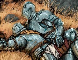 Rule 34 | 2others, ambiguous gender, armor, breastplate, brown gloves, full armor, gauntlets, gloves, greaves, helm, helmet, highres, knight, liam w., lying, multiple others, on back, original, outdoors, pauldrons, plate armor, plume, rock, shoulder armor, wheat