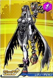 Rule 34 | 1girl, breasts, chain, demon, demon girl, digimon, digimon (creature), digimon crusader, fallen angel, female focus, ladydevimon, long arms, long hair, mask, medium breasts, official art, red eyes, solo, source request, white hair