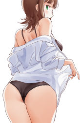 Rule 34 | 1girl, amami haruka, ass, bare shoulders, black bra, black panties, blush, bra, breasts, brown hair, cowboy shot, from behind, green eyes, highres, idolmaster, idolmaster (classic), idolmaster million live!, long sleeves, looking at viewer, looking back, medium breasts, nakamura rohane, off shoulder, open clothes, open shirt, panties, shirt, short hair, simple background, solo, thighs, underwear, white background, white shirt