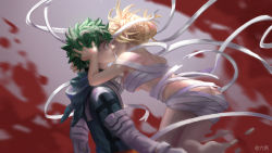 Rule 34 | 1boy, 1girl, absurdres, artist name, bandages, bandages, blonde hair, blood, blood on wall, boku no hero academia, breasts, chinese commentary, clothed male nude female, commentary request, double bun, fangs, from side, hand around neck, hand in another&#039;s hair, highres, liu tian, medium breasts, messy hair, midoriya izuku, naked bandage, nude, open mouth, short hair, toga himiko, wide-eyed