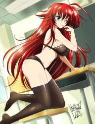 Rule 34 | 1girl, ;), ahoge, all fours, ass, bent over, black bra, black panties, black thighhighs, blue eyes, bra, breasts, chair, classroom, closed mouth, commentary, danmakuman, desk, finger to mouth, hair between eyes, high school dxd, highres, indoors, large breasts, long hair, looking at viewer, on chair, one eye closed, panties, red hair, rias gremory, school chair, school desk, signature, smile, solo, thighhighs, underwear, very long hair