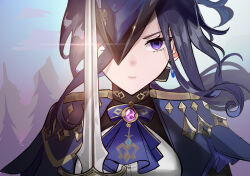 Rule 34 | 1girl, absurdres, blue hat, cang yan, cape, clorinde (genshin impact), earrings, epaulettes, genshin impact, hair over one eye, hat, hat feather, highres, holding, holding sword, holding weapon, jewelry, long hair, looking at viewer, purple eyes, solo, sword, tricorne, vision (genshin impact), weapon
