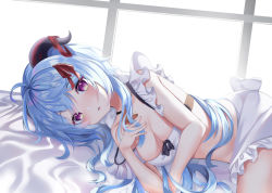 Rule 34 | 1girl, ahoge, bed, bell, blue hair, blush, breasts, cleavage, cowbell, ganyu (genshin impact), genshin impact, goat horns, hair ornament, hand on own chest, highres, horns, long hair, looking at viewer, lying, medium breasts, open mouth, purple eyes, ram art12, solo