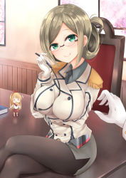 Rule 34 | 10s, 1girl, between breasts, breast hold, breasts, brown hair, chair, desk, fairy (kancolle), folded ponytail, glasses, gloves, green eyes, kantai collection, katori (kancolle), large breasts, crossed legs, looking at viewer, md5 mismatch, military, military uniform, miniskirt, naigou, necktie, neneru, on desk, oto 152mm triple rapid fire gun mount, pantyhose, pencil skirt, pointer, riding crop, silver hair, sitting, on desk, skirt, smile, solo focus, uniform, white gloves, window