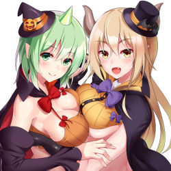 Rule 34 | 2girls, black gloves, blonde hair, blush, bow, breast press, breasts, brown eyes, cape, cleavage, colored eyelashes, commentary request, fang, gloves, green eyes, green hair, halloween, hat, horns, huyumitsu, jack-o&#039;-lantern, large breasts, mini hat, mini top hat, monmusu harem, monster girl, multiple girls, open mouth, pumpkin, purple bow, red bow, sideboob, smile, symmetrical docking, top hat, underboob, upper body, white background, witch hat