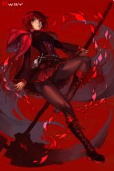 Rule 34 | 1girl, boots, brown hair, cape, hungry clicker, pantyhose, red background, red hair, red theme, ruby rose, rwby, scythe, short hair, skirt, solo