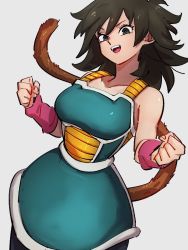 Rule 34 | 1girl, arm warmers, armor, arms at sides, bare arms, bare shoulders, black eyes, black hair, black pantyhose, breasts, clenched hands, collarbone, cowboy shot, dragon ball, dragon ball minus, dragon ball super, dragon ball super broly, eyelashes, facing viewer, fingernails, gine, green skirt, grey background, hands up, happy, kemachiku, large breasts, looking at viewer, looking down, matching hair/eyes, mature female, medium hair, monkey tail, open mouth, pantyhose, pink wristband, saiyan, saiyan armor, shiny skin, simple background, skirt, sleeveless, smile, solo, spiked hair, standing, tail, teeth, tongue, upper teeth only, wristband