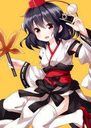 Rule 34 | 1girl, :d, alternate costume, black bow, black hair, blush, bow, breasts, camera, collarbone, commentary request, detached sleeves, geta, hair between eyes, hand fan, hand up, hat, highres, holding, holding camera, holding fan, japanese clothes, kimono, kourindou tengu costume, leaf fan, long sleeves, looking at viewer, medium breasts, obi, open mouth, orange background, pelvic curtain, pom pom (clothes), red eyes, red footwear, red sash, ruu (tksymkw), sash, shameimaru aya, short hair, simple background, smile, solo, tengu-geta, thighhighs, thighs, tokin hat, touhou, white kimono, white thighhighs, wide sleeves, zettai ryouiki