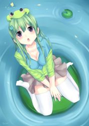 Rule 34 | 1girl, :o, blush, breasts, cleavage, frog, from above, green hair, lily pad, open mouth, personification, purple eyes, sitting, skirt, solo, thighhighs, wariza, watashishi, water, white thighhighs, zettai ryouiki