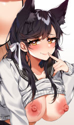 Rule 34 | 1girl, animal ear fluff, animal ears, atago (azur lane), atago (school traumerei) (azur lane), azur lane, bechu, black hair, blush, breasts, breasts out, closed mouth, clothes lift, commentary, cropped, dog ears, english commentary, finger to mouth, furrowed brow, gradient background, grey background, hair ribbon, heart, heart-shaped pupils, korean commentary, large breasts, long hair, long sleeves, looking at viewer, mixed-language commentary, mole, mole under eye, nipples, no bra, official alternate costume, ribbon, sailor collar, school uniform, shirt, shirt lift, sidelocks, simple background, smile, solo, swept bangs, symbol-shaped pupils, upper body, white background, white ribbon, white shirt, yellow eyes