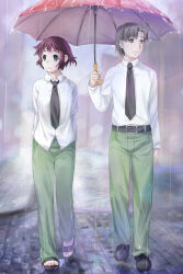 1boy 1girl amputee armless_amputee artist_request belt black_belt black_footwear black_necktie brown_eyes brown_hair closed_mouth double_amputee full_body game_cg green_eyes green_pants highres holding holding_umbrella katawa_shoujo nakai_hisao necktie non-web_source official_art pants rain red_hair sandals school_uniform shirt shoes short_hair standing tezuka_rin umbrella very_short_hair white_shirt yamaku_high_school_uniform