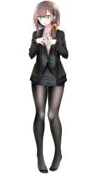 Rule 34 | 1girl, @ @, black jacket, black pantyhose, blush, breasts, brown hair, collarbone, embarrassed, feet, fine fabric emphasis, formal, full body, green eyes, hair ornament, hair scrunchie, hands up, highres, jacket, legs, looking to the side, medium breasts, miniskirt, no shoes, ol-chan (oouso), oouso, open mouth, original, pantyhose, pencil skirt, scrunchie, shirt, side ponytail, sidelocks, simple background, skirt, skirt suit, solo, standing, steepled fingers, suit, sweatdrop, thighs, toes, white background, white shirt