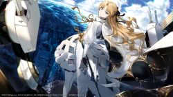 Rule 34 | 1girl, artillery, azur lane, black cape, black gloves, black ribbon, blonde hair, blue eyes, blue sky, cape, cloud, day, dress, dutch angle, feet out of frame, gloves, gold trim, hair ribbon, highres, long hair, long sleeves, looking at viewer, looking back, official art, outdoors, puffy sleeves, ribbon, rigging, scabbard, sheath, sheathed, sky, solo, sword, thighhighs, turret, two-sided cape, two-sided fabric, underwater city, vanguard (azur lane), walking, walking on liquid, weapon, white cape, white dress, white theme, white thighhighs, yohaku