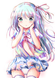 Rule 34 | 1girl, blue hair, blue skirt, blush, breasts, cameltoe, collared shirt, commentary request, dress shirt, green eyes, hair between eyes, hair ribbon, hands up, long hair, neck ribbon, open clothes, open shirt, original, panties, parted lips, pleated skirt, purple shirt, red ribbon, ribbon, shihou haru, shirt, skirt, small breasts, solo, thighhighs, two side up, underwear, very long hair, white panties, white thighhighs