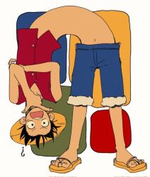 Rule 34 | 1boy, ?, black hair, blue shorts, crossed arms, facial scar, fur trim, hat, looking at viewer, male focus, monkey d. luffy, one piece, onno ll, open mouth, red shirt, sandals, scar, scar on cheek, scar on face, shirt, short hair, shorts, sleeveless, sleeveless shirt, straw hat, third-party source, upside-down