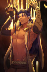 Rule 34 | 1boy, armpits, blue hair, closed mouth, cu chulainn (caster) (fate), cu chulainn (fate), earrings, fate/grand order, fate (series), gold, gravesecrets, highres, horns, jewelry, long hair, looking at viewer, male focus, multiple earrings, muscular, muscular male, pectorals, red eyes, single vambrace, solo, spiked hair, vambraces