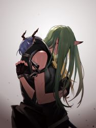 Rule 34 | arknights, arm scarf, bare shoulders, blue hair, ch&#039;en (arknights), clothes around waist, commentary request, dragon horns, fingerless gloves, from side, gloves, green hair, highres, holding person, horns, hoshiguma (arknights), hug, jacket, jacket around waist, long hair, pointy ears, scar, shirt, shirt around waist, single horn, skin-covered horns, sleeveless, sleeveless shirt, ting (machi nakahara)