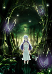 Rule 34 | 1girl, blue hair, bug, butterfly, dress, flower, forest, highres, bug, long hair, nature, original, solo, wadapen, wading, water