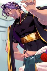 Rule 34 | 1boy, black shirt, cropped shirt, duryodhana (fate), earrings, facial hair, fate/grand order, fate (series), goatee, hand on own hip, highres, imoda, indian clothes, jewelry, looking at viewer, male focus, mature male, muscular, muscular male, navel, necklace, pectorals, purple eyes, purple hair, sash, shirt, short hair, shoulder sash, single earring, smile