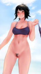 Rule 34 | 1girl, black hair, blue sky, blush, bottomless, bra, breasts, chainsaw man, cleavage, cleft of venus, female pubic hair, grin, highres, holding, holding clothes, holding panties, holding underwear, medium breasts, messy hair, navel, panties, ponytail, pubic hair, scar, scar on face, scar on nose, shpo, sky, smile, solo, standing, tendou michiko, underwear