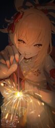 Rule 34 | 1girl, absurdres, aooni 09, arm tattoo, bandaged arm, bandages, blonde hair, breasts, chest sarashi, chest tattoo, choker, cleavage, fireworks, fish tattoo, flower tattoo, genshin impact, hadanugi dousa, hair between eyes, hair ornament, highres, holding, holding fireworks, japanese clothes, kimono, long hair, looking at viewer, open kimono, open mouth, orange kimono, ponytail, red choker, sarashi, smile, solo, tattoo, yellow eyes, yoimiya (genshin impact)